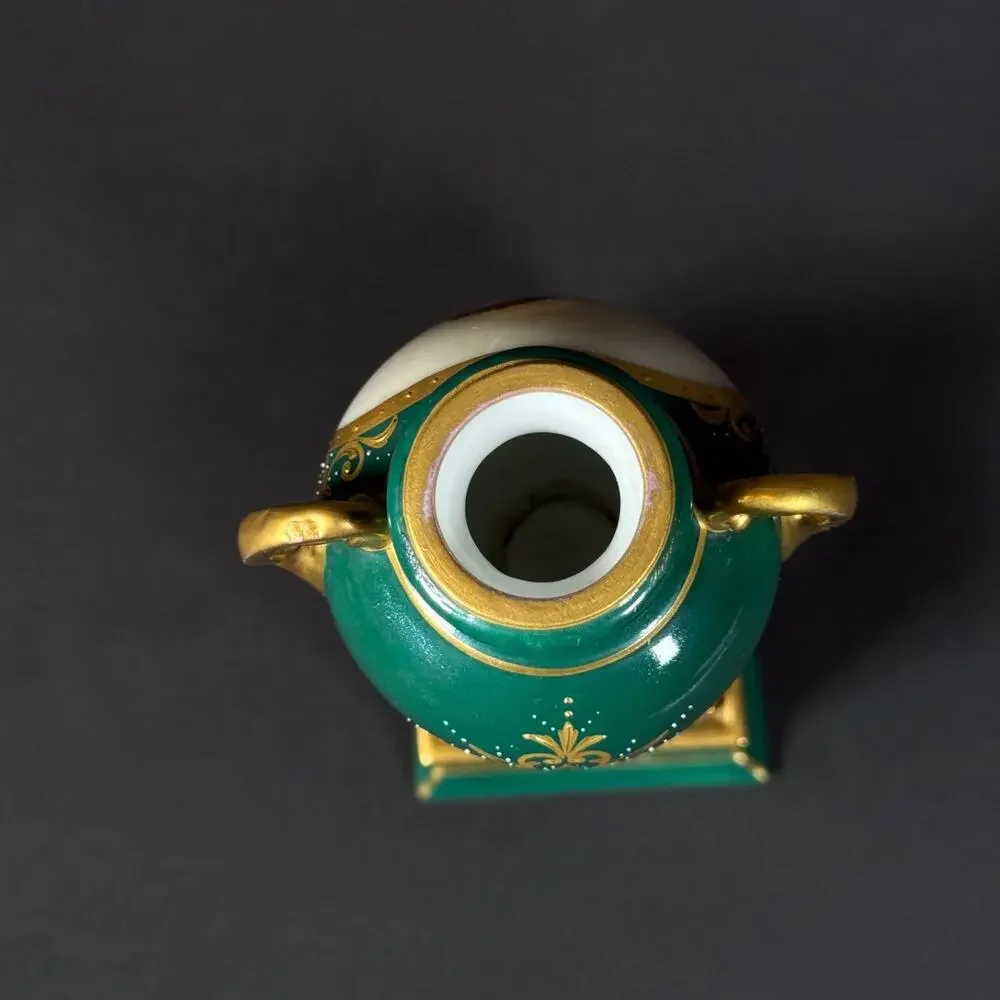 Antique Royal Vienna Portrait Urn Vase Hand Painted Lady Green/Gold signed RUTH